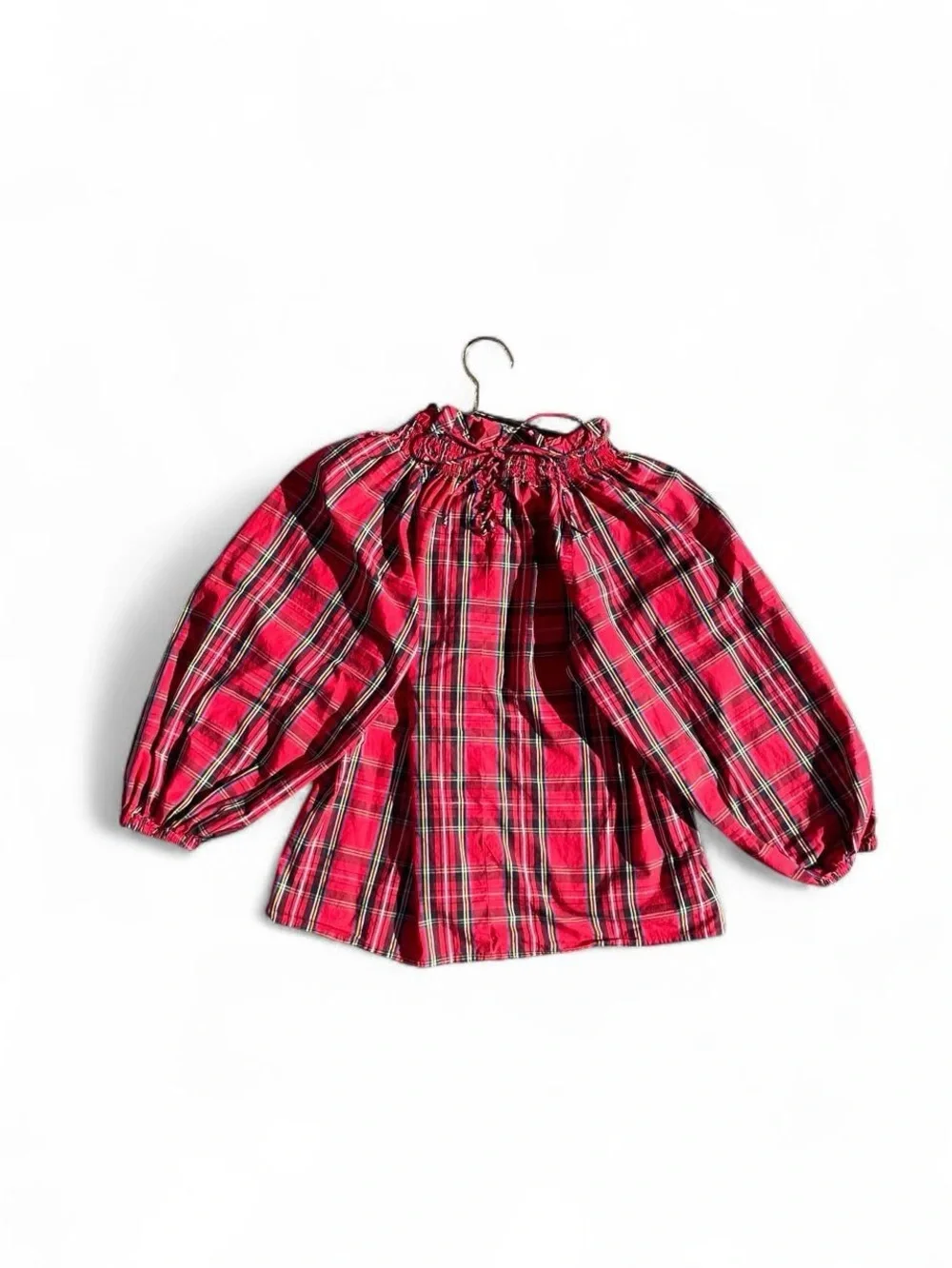 J.Crew Re-Imagined Red Plaid Peasant Blouse Puff Sleeve Cottagecore Top